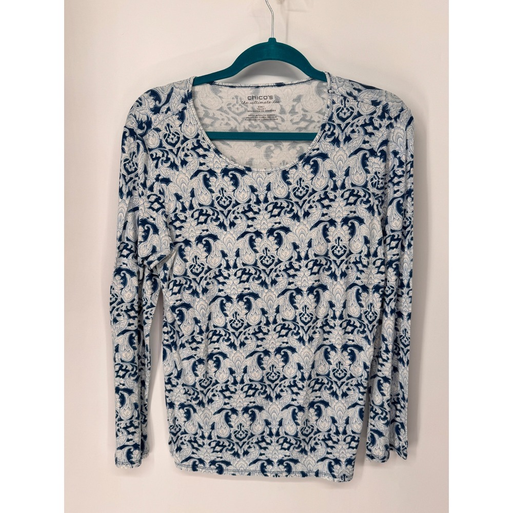 Chico's Ultimate Tee Women Size 1 Blue Paisley Damask Scoop Neck Long Sleeve EUC